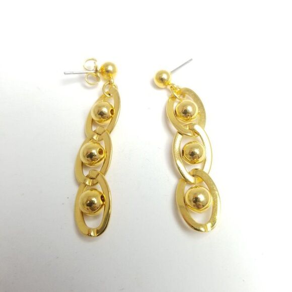Vintage Gold Tone Link Chain Dangle Earrings, Retro Design, Estate - Picture 2 of 4